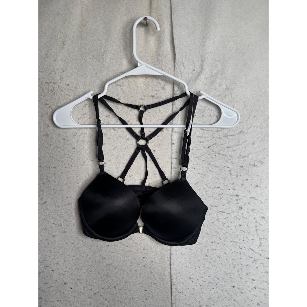 Victorias Secret Bombshell Plunge Bra Black Strappy Cage Back 32C Front Clasp